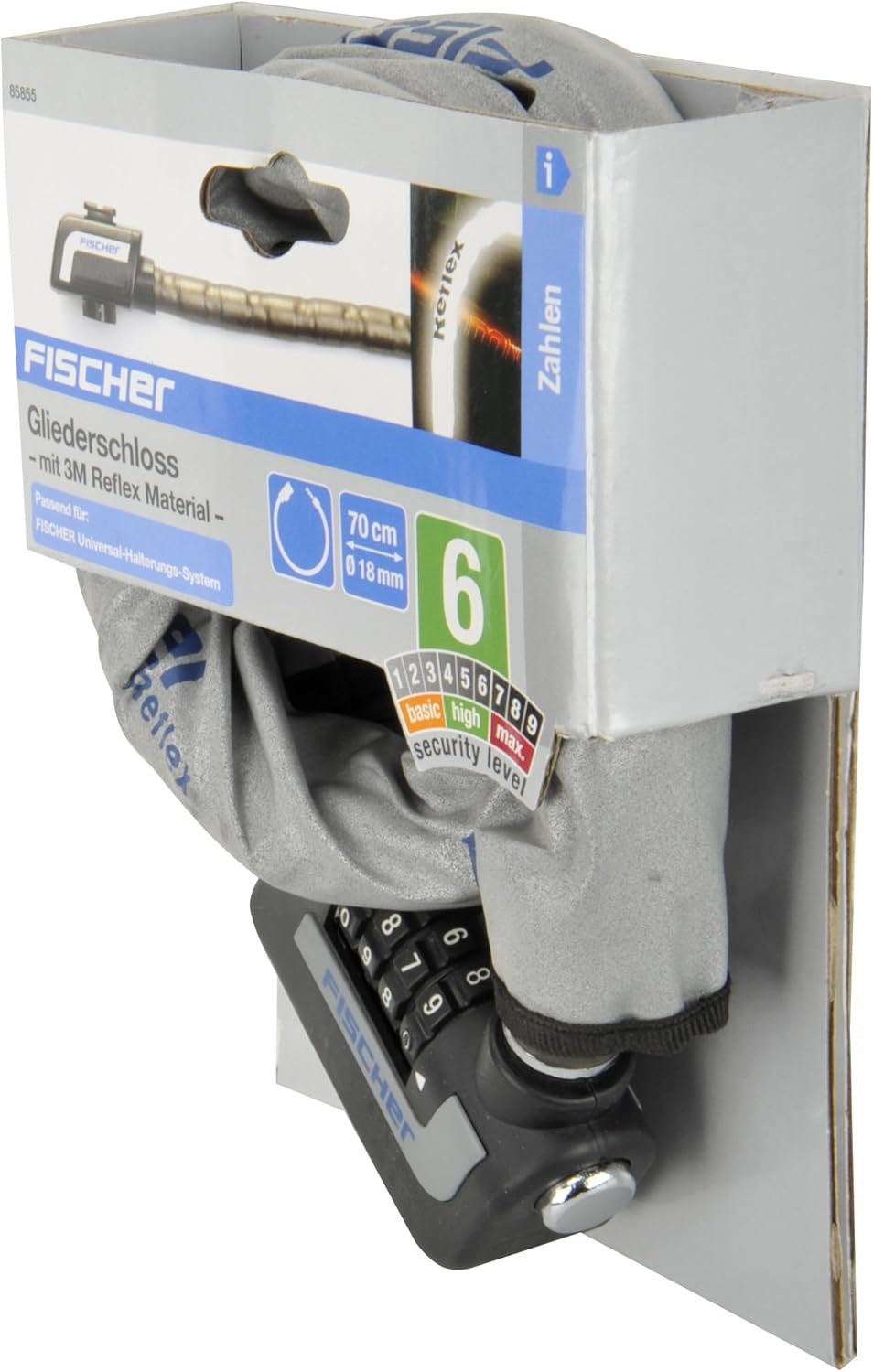 FISCHER Gliederschloss Zahlen Reflex, Länge 70cm, Durchmesser 18mm, Silber, Schloss