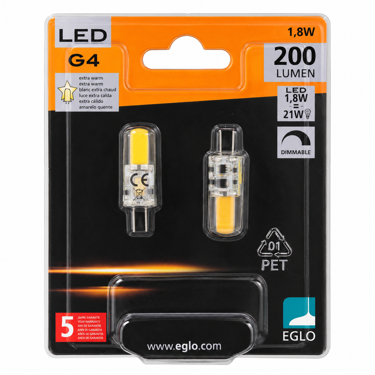 EGLO LED Stiftsockellampe G4 2W 200lm 2700K Warmweiß Dimmbar 2 Stück