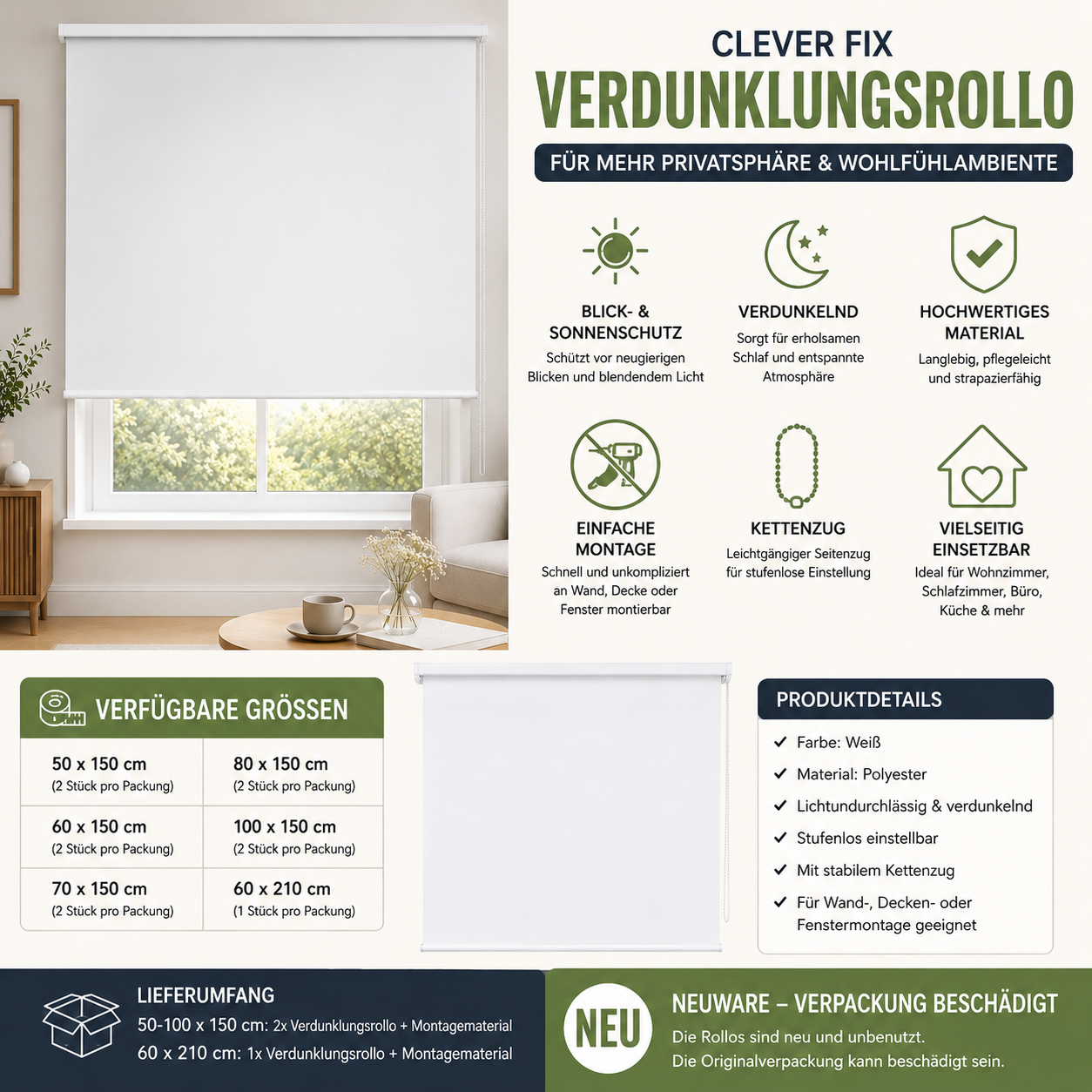 Clever Fix Verdunklungsrollo Weiß Doppelrollo Day & Night Sichtschutz & Sonnenschutz