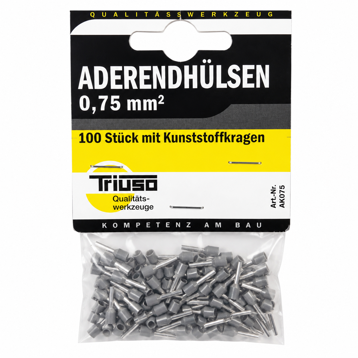 Triuso Aderendhülsen 0,75 mm² – 100 Stück mit Kunststoffkragen Grau