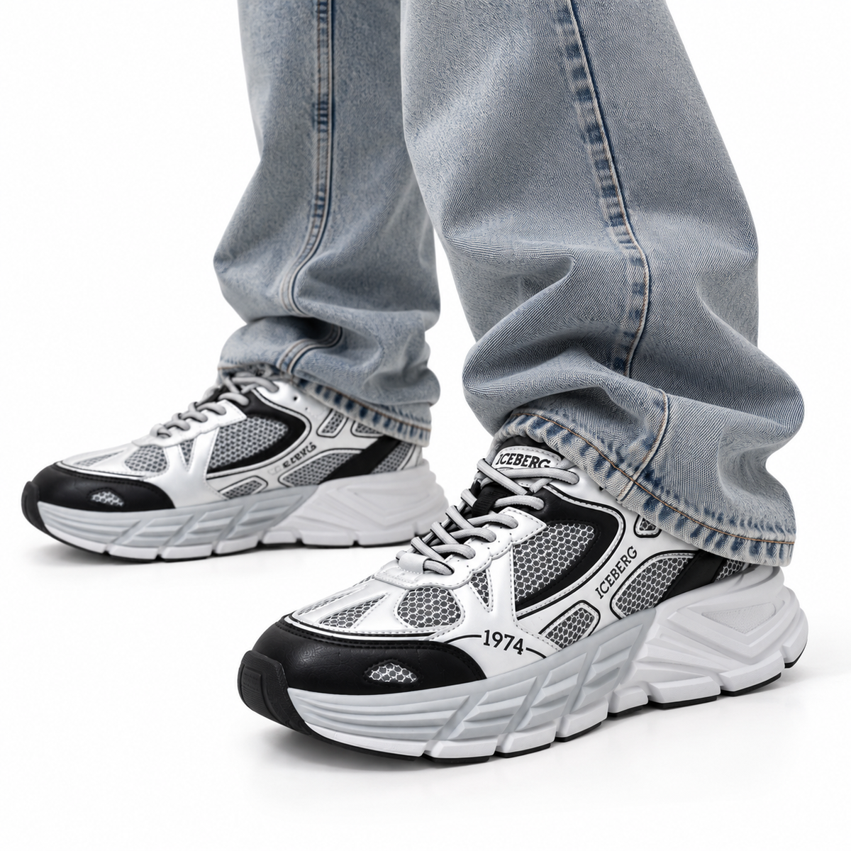ICEBERG Herren Sneaker Chunky Schuhe Silber Schwarz Weiß Gr. 42