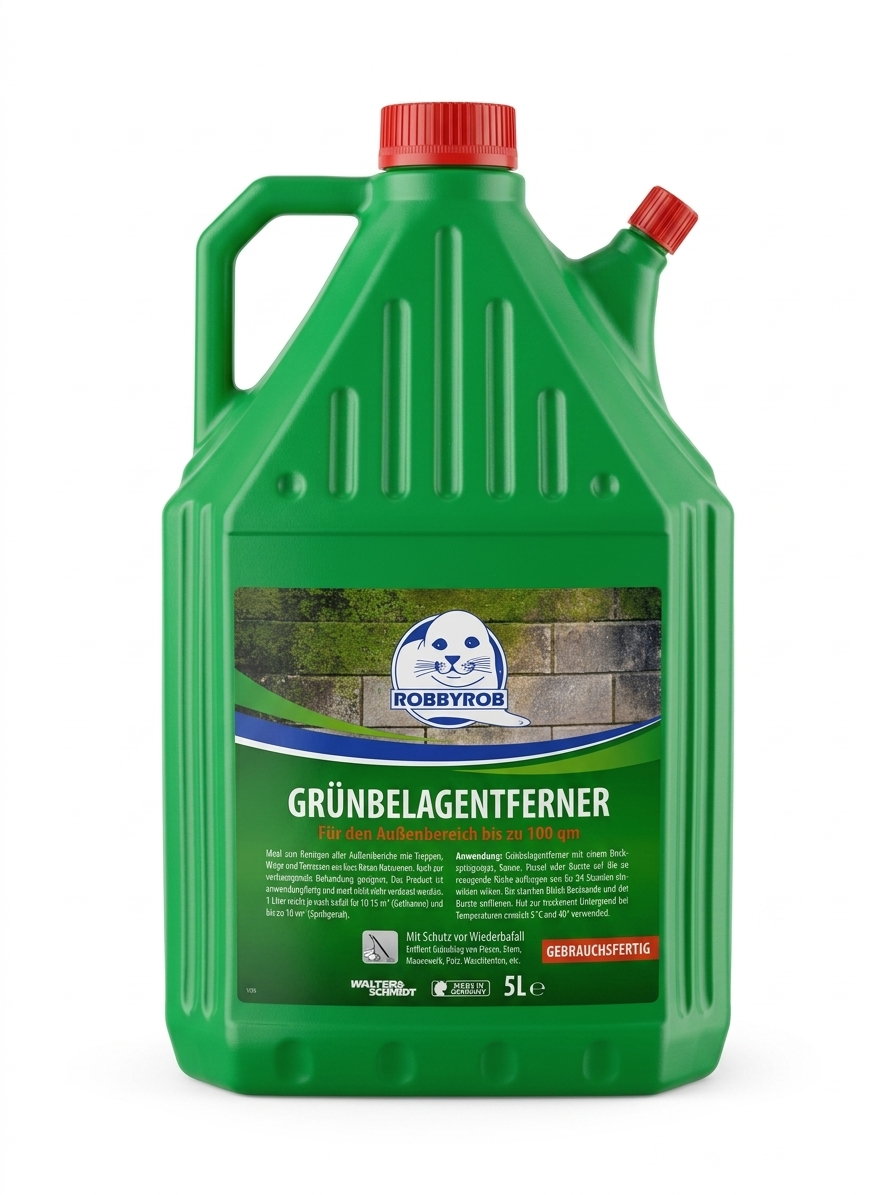 ROBBYROB Grünbelag Entferner 5L Gebrauchsfertig gegen Algen & Grünbelag Für Terrasse Balkon Gehwege & Fassaden (Apfelduft