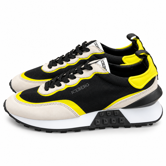ICEBERG Herren Sneaker Gr. 42 Schwarz Weiß Neongelb Designer Schuhe