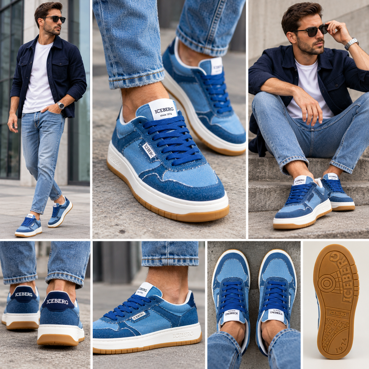 ICEBERG Sneaker Herren Blau Denim Jeans Schuhe Low Top Weiß