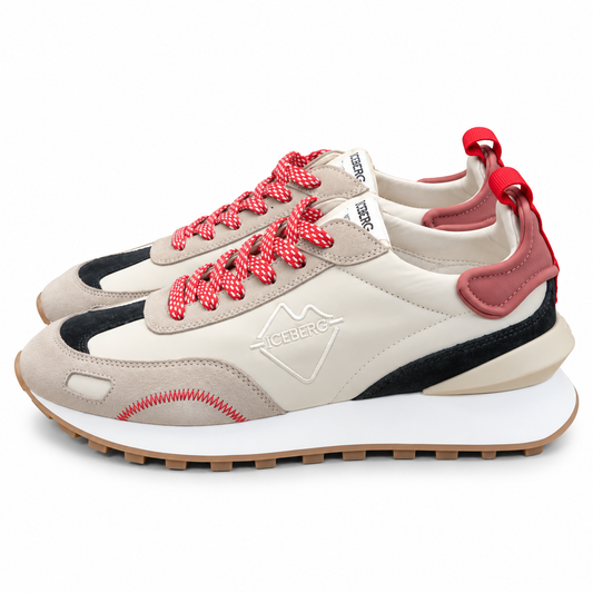 ICEBERG Herren Sneaker Gr. 42 Weiß Beige Schwarz Rot Designer Schuhe Retro