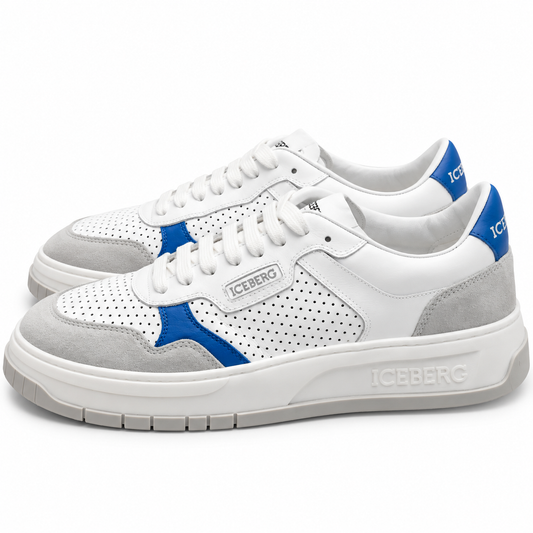 ICEBERG Herren Sneaker Weiß Blau Grau Designer Schuhe Low Top Gr. 42