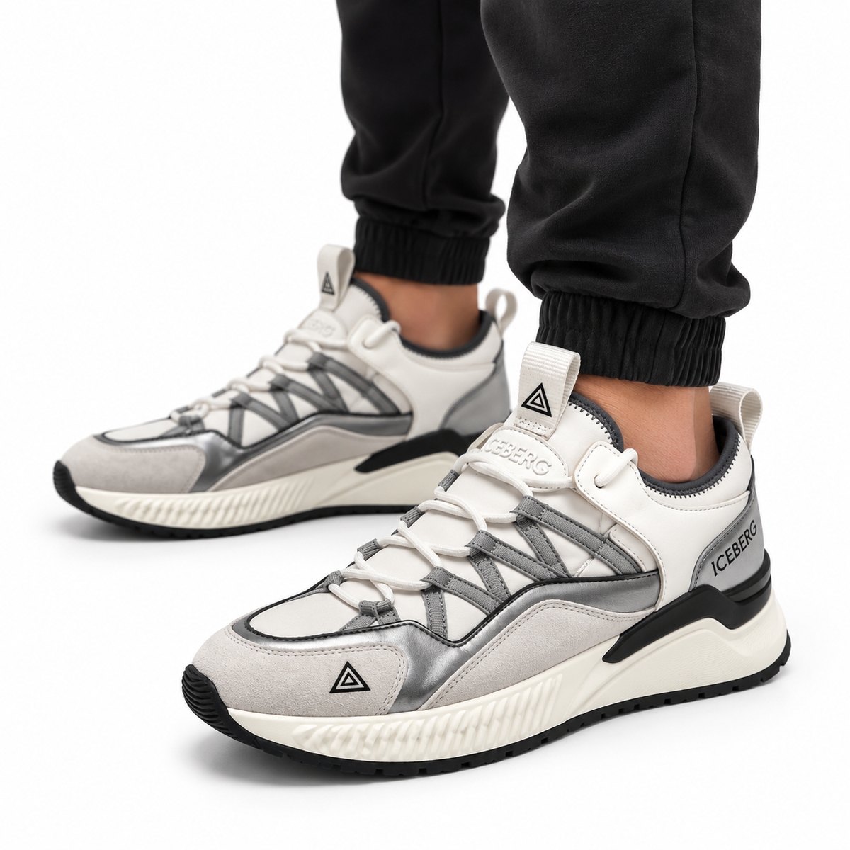 ICEBERG Herren Sneaker Gr. 42 Weiß Grau Silber Designer Schuhe Chunky