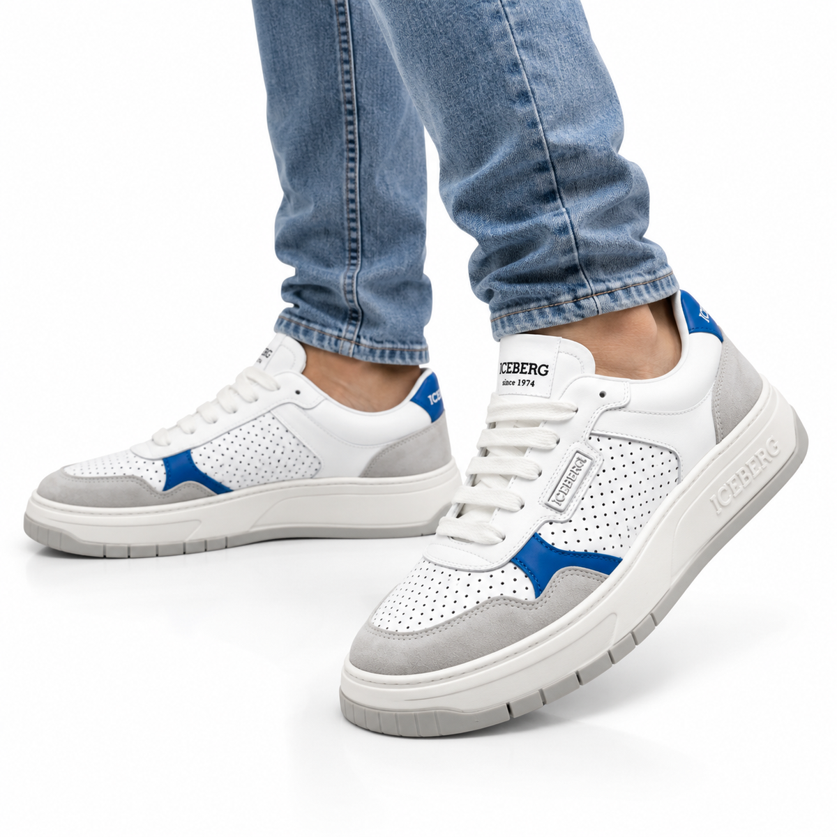 ICEBERG Herren Sneaker Weiß Blau Grau Designer Schuhe Low Top Gr. 42
