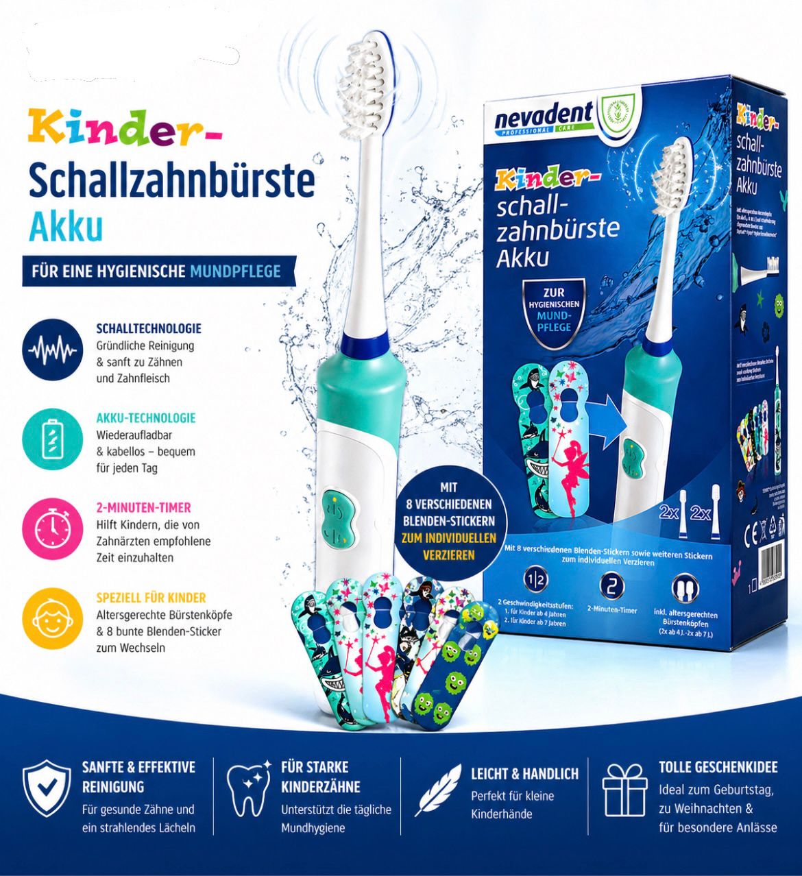 Nevadent Kinder Akku Schallzahnbürste inkl Bürstenköpfen und Stickern