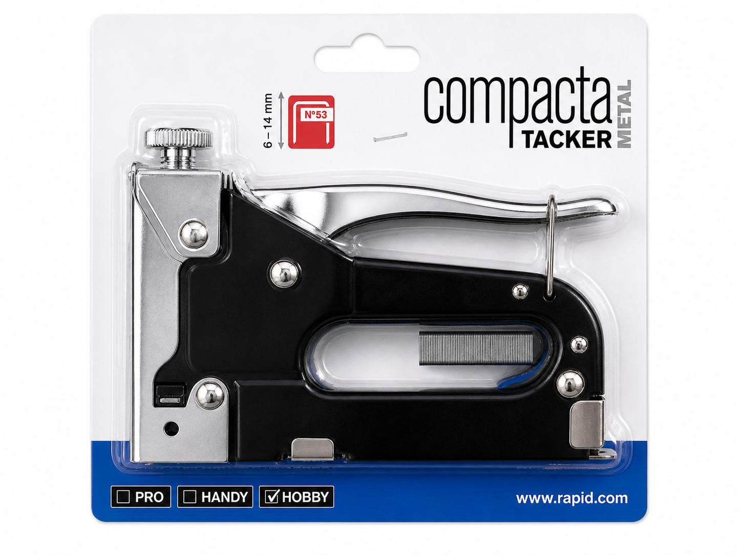 Rapid Handtacker Compacta, Tacker für Holz und Stoffe, Komplett aus Stahl, Schlagkraftregelung, für Klammern Typ 53, 6-14mm