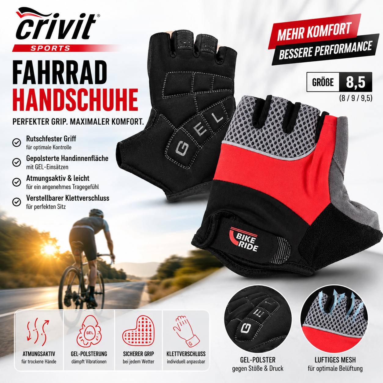 Crivit Sports Fahrradhandschuhe Herren Damen Gel Polsterung Lycra