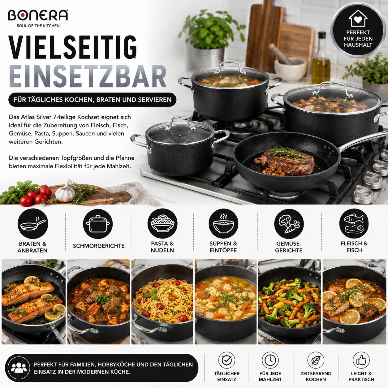 Atlas Silver 7-teiliges Kochset Titanyum & Aluminium Glasdeckel Goldfarbene Griffe PFOA-frei