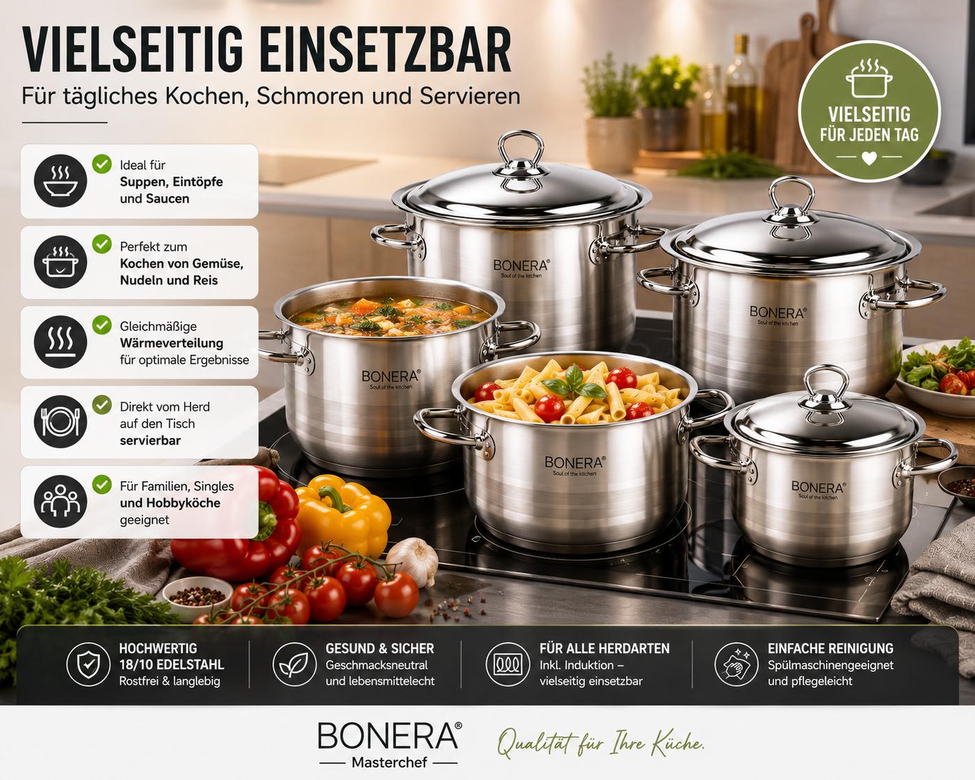 Bonera Masterchef Large 10-teiliges Edelstahl Kochtopfset 18/10 Edelstahl 5 Töpfe mit Glasdeckeln Induktionsgeeignet