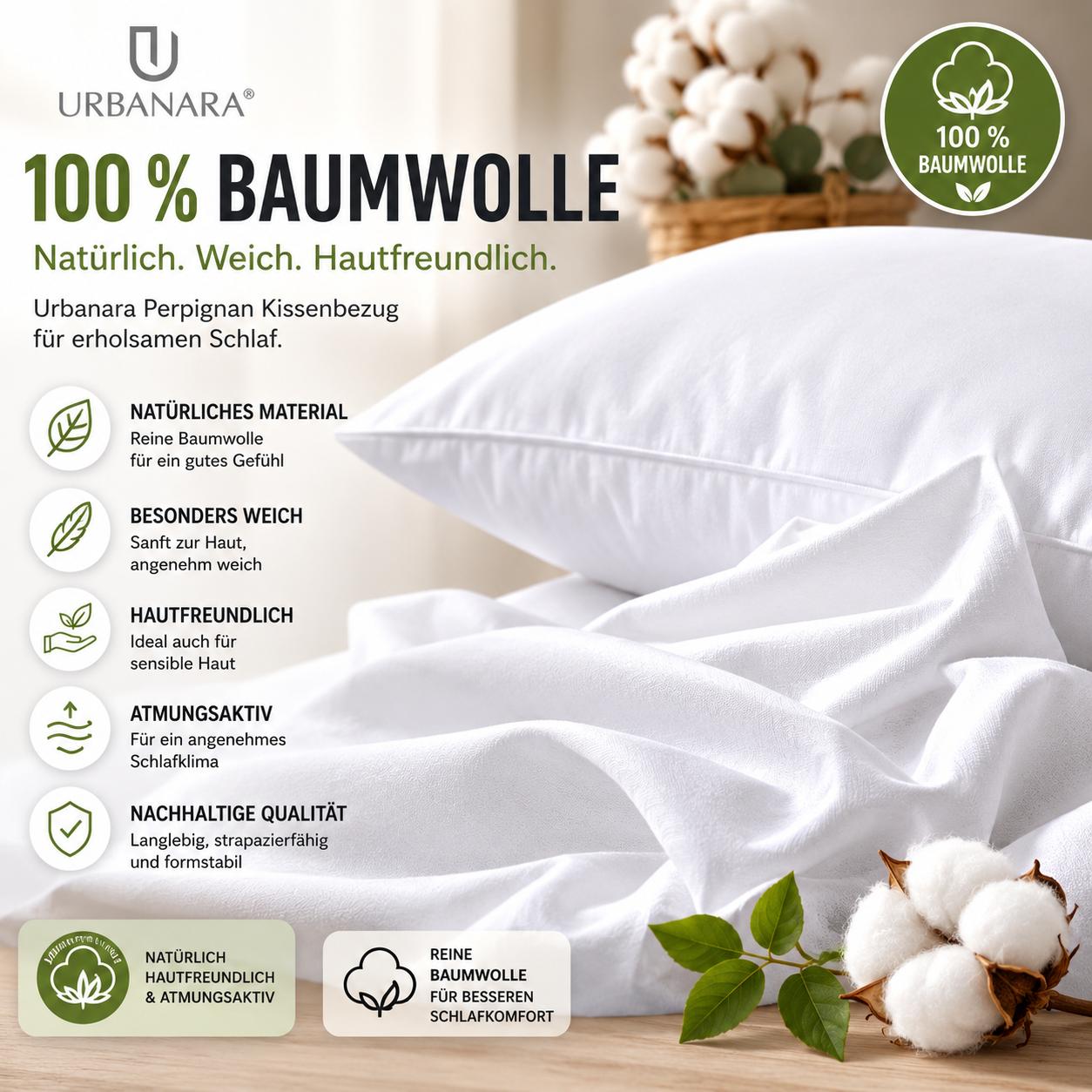 Urbanara Oufeiro Kissenbezug Weiß 100% Bio-Baumwolle Baumwollbezug Kopfkissenbezug