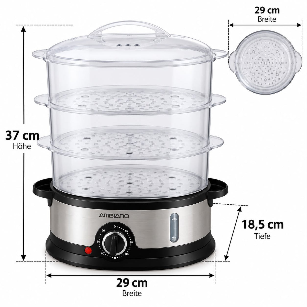 Elektrischer Dampfgarer 800W 3 Etagen mit Timer Reisschale BPA-frei