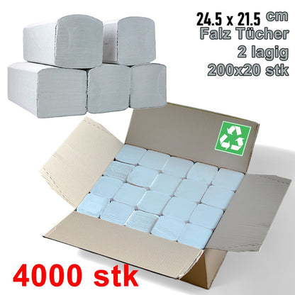 4000 Blatt Papierhandtücher V-Falz 24,5x21,5cm 2-lagig recycling Offweiß Falttücher