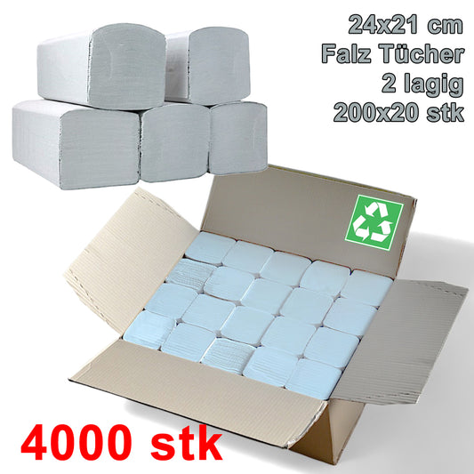 4000 Blatt Papierhandtücher V-Falz 24x21cm 2-lagig recycling weiß Falttücher