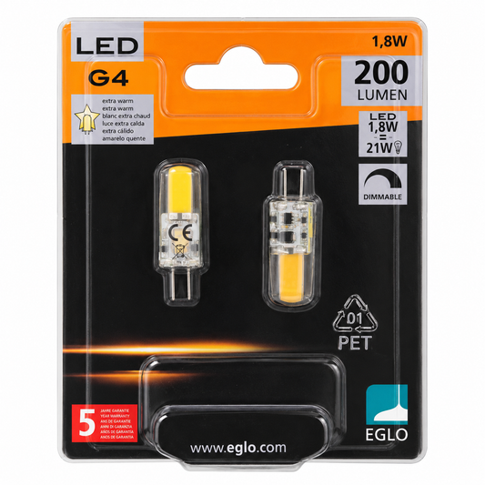 EGLO LED Stiftsockellampe G4 2W 200lm 2700K Warmweiß Dimmbar 2 Stück