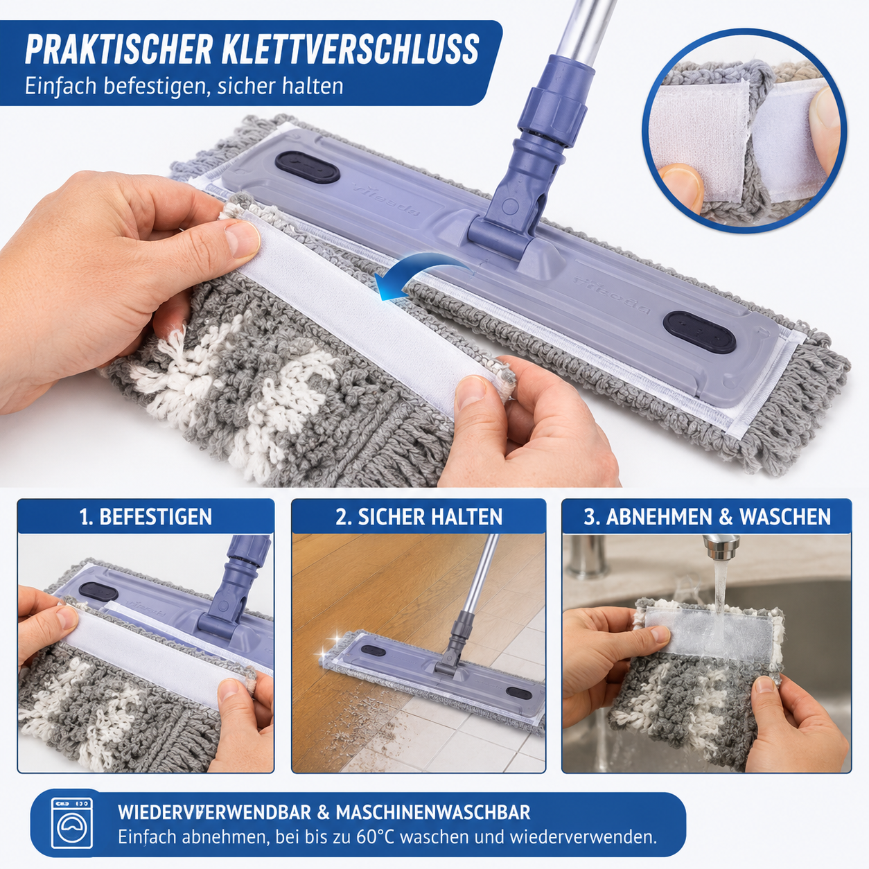 Vileda ProfiMat Ersatz-Wischbezug TRIO mit Klettverschluss für Bodenwischer