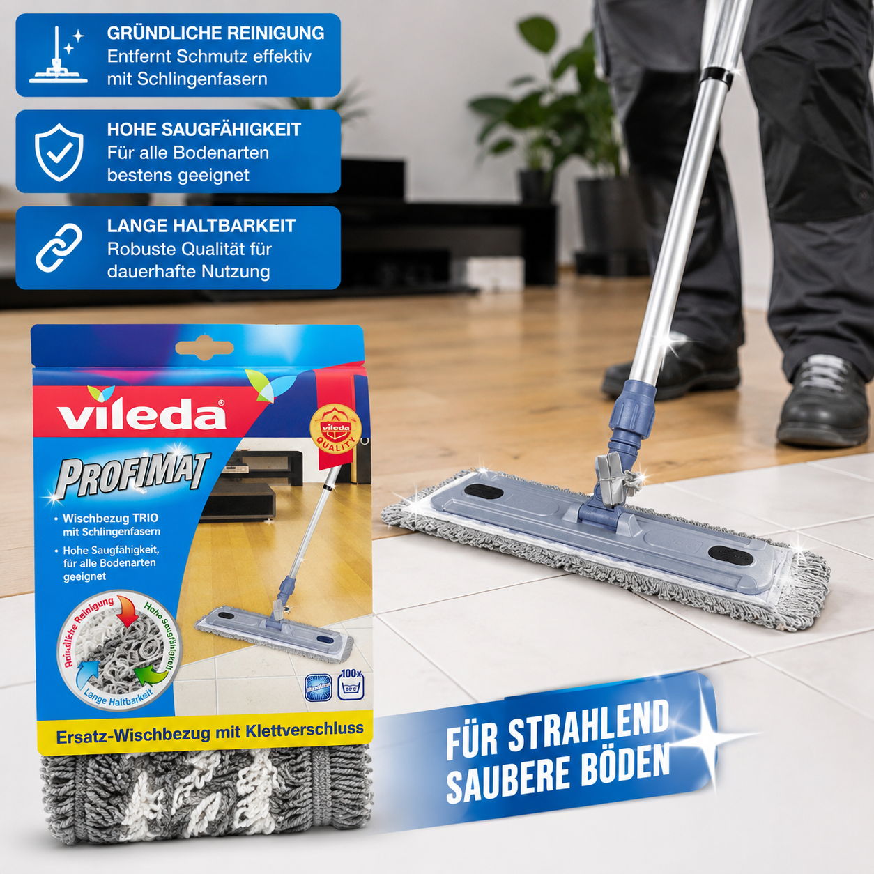 Vileda ProfiMat Ersatz-Wischbezug TRIO mit Klettverschluss für Bodenwischer