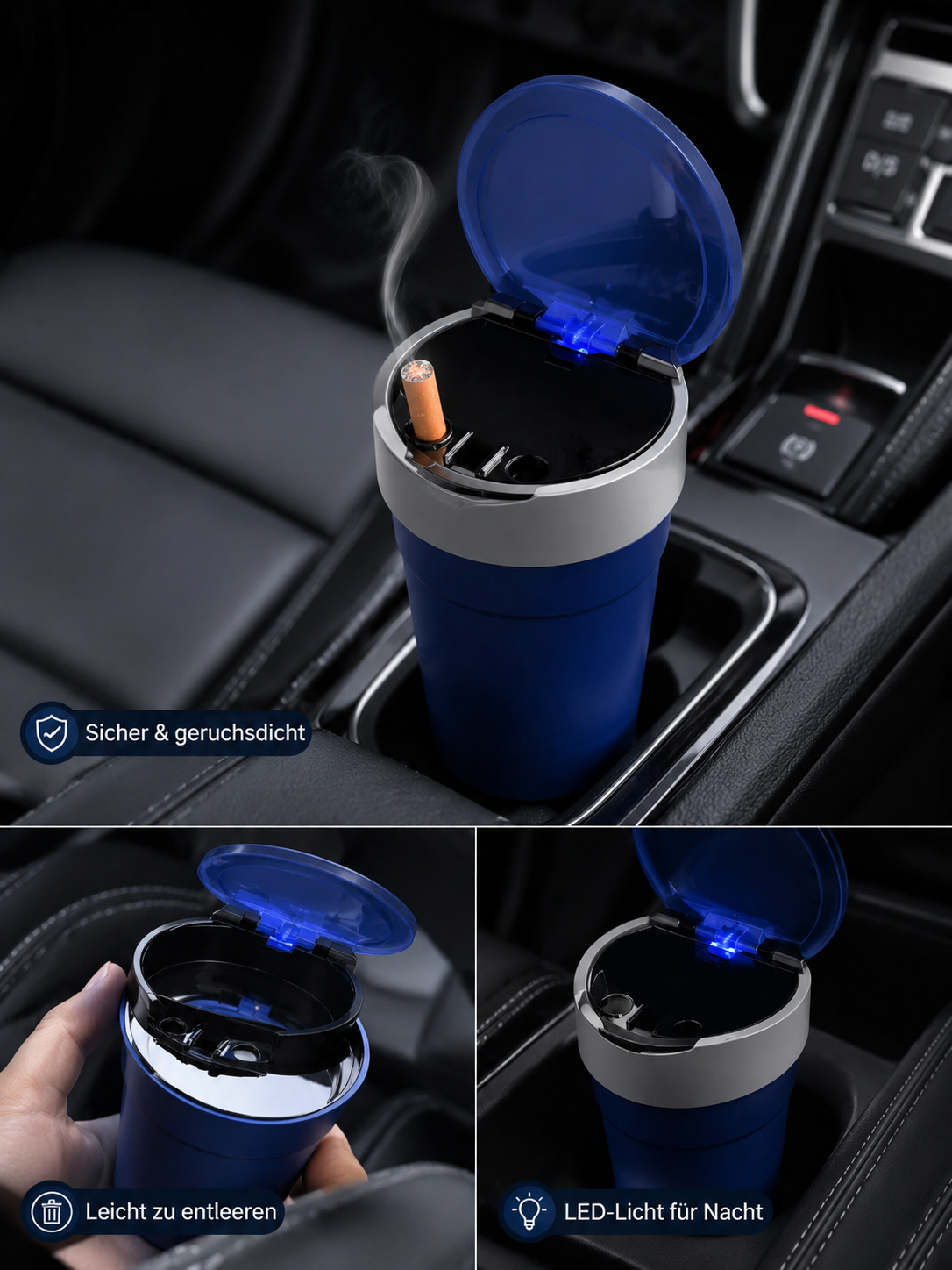 2x LED Auto-Aschenbecher mit Deckel Windaschenbecher Farbwahl