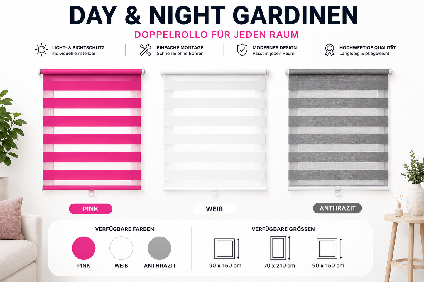 Day & Night Gardine Doppelrollo Zebra Rollo Klemmfix Fensterrollo Sichtschutz