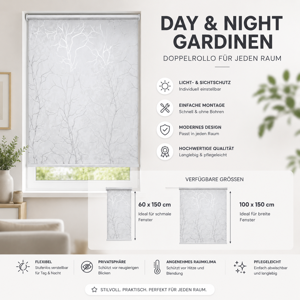 2x Rollo Jalousie Gardine mit Ast-Muster Doppelrollo Tag & Nacht Sichtschutz