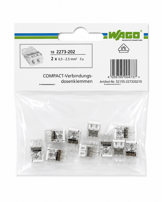 WAGO Compact Verbindungsdosenklemme 2273-202 | 2 Leiter | 0,5–2,5 mm² | 10 Stück