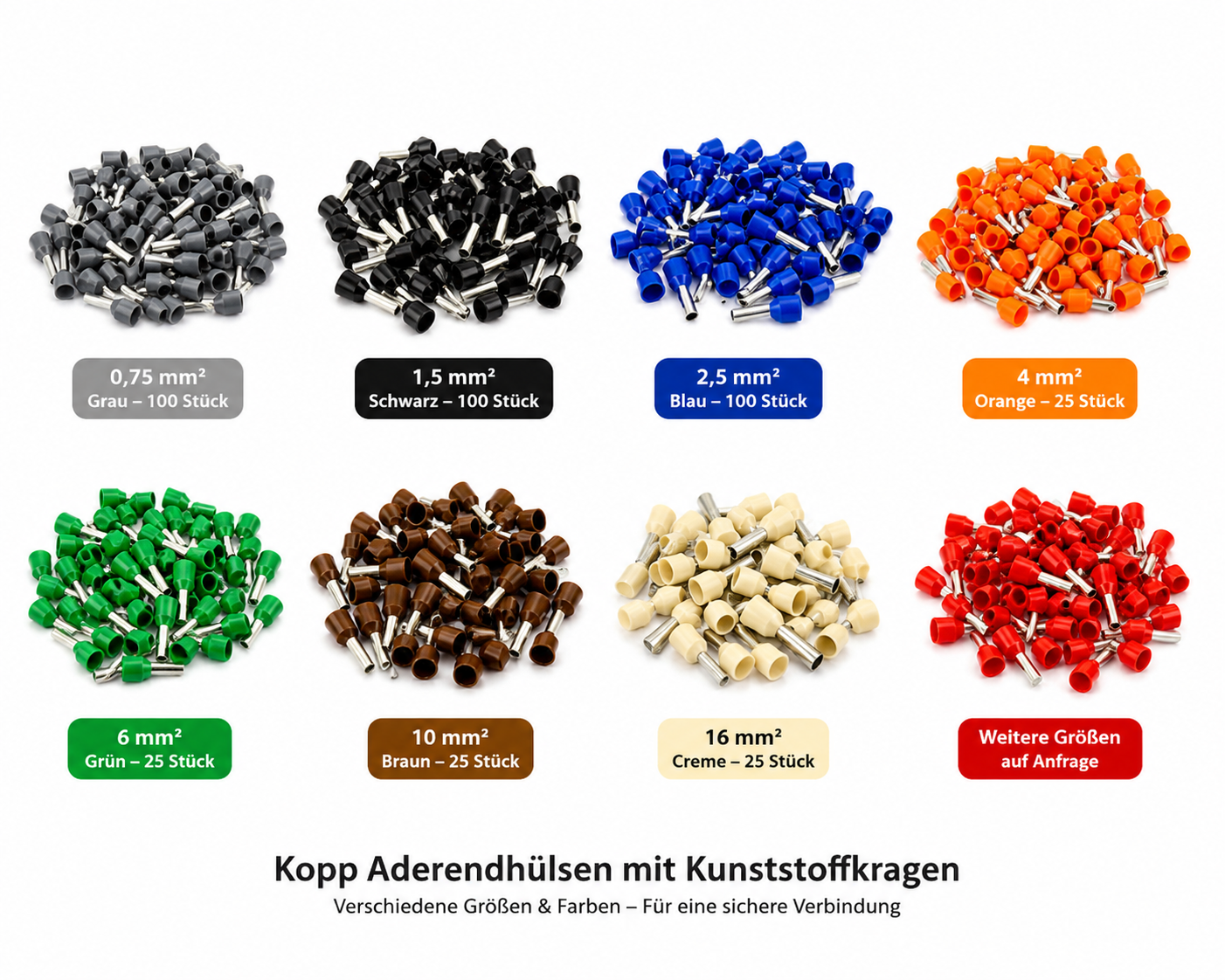 Kopp Aderendhülsen mit Kunststoffkragen isoliert – verschiedene Größen & Farben – 25/100 Stück