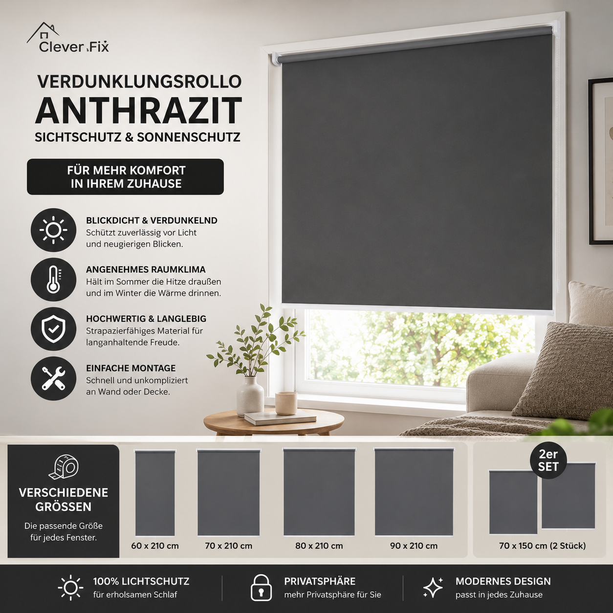Clever Fix Rollo Verdunkelungsrollo Anthrazit Fensterrollo blickdicht Größen wählbar
