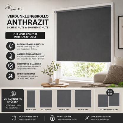 Clever Fix Rollo Verdunkelungsrollo Anthrazit Fensterrollo blickdicht Größen wählbar