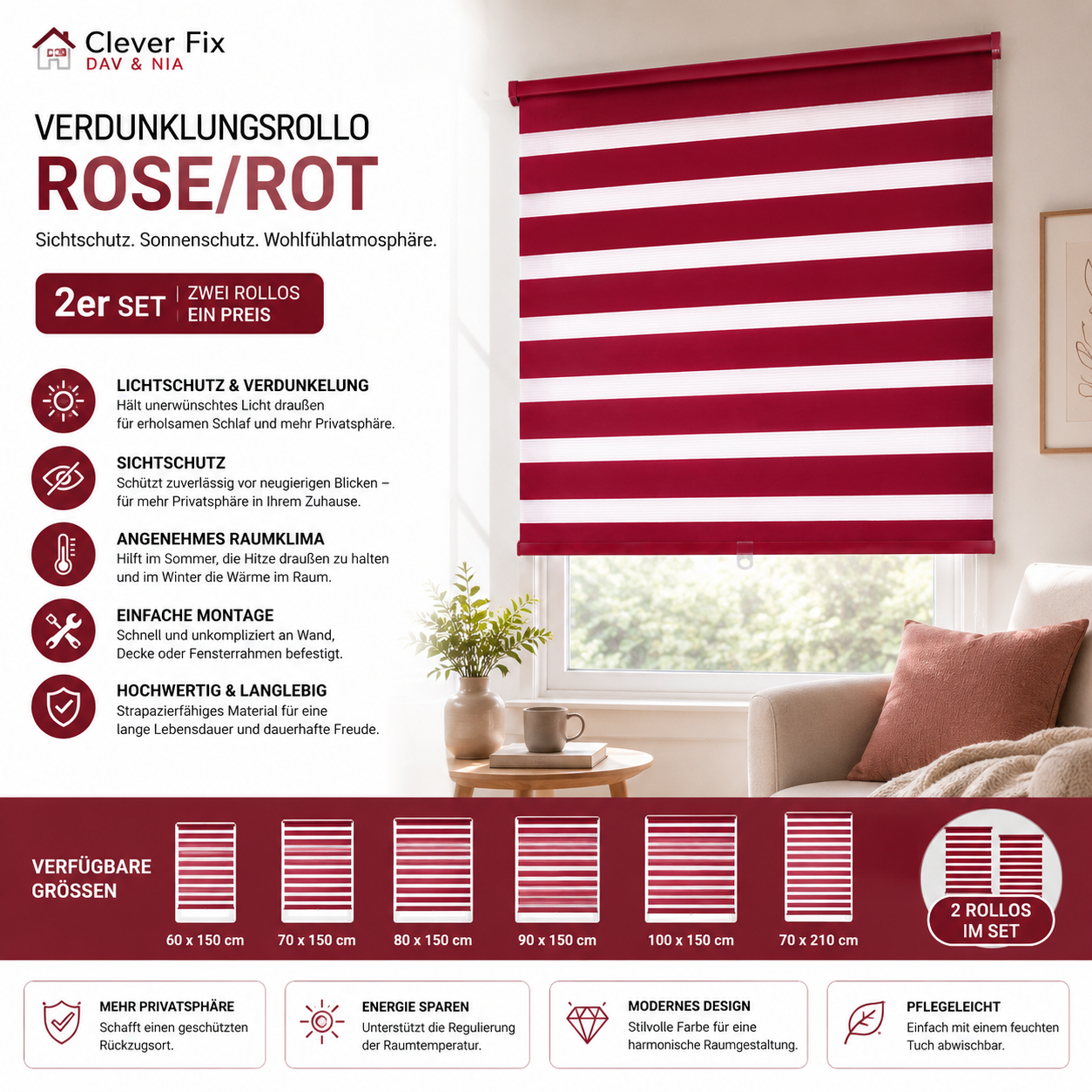 Clever Fix Dav & Nia Verdunklungsrollo Rosé/Rot Sichtschutz & Sonnenschutz 2stück