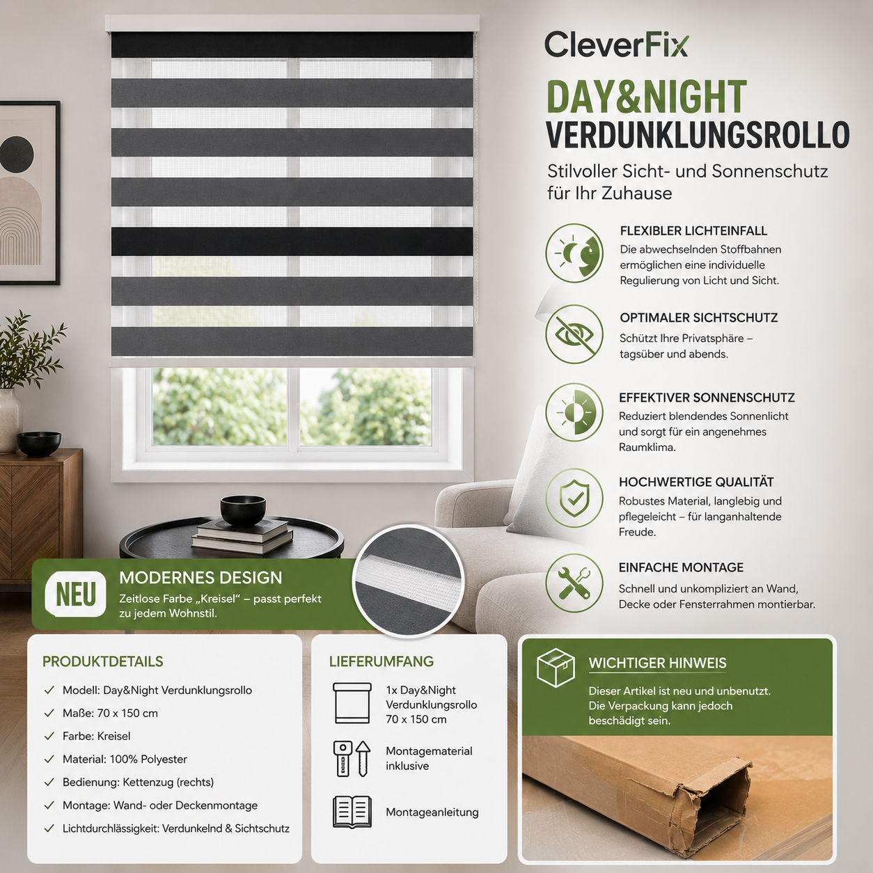 CleverFix Dav&Night Verdunklungsrollo 70 x 150 cm  Farbe Kreisel Sichtschutz & Sonnenschutz 2Stück
