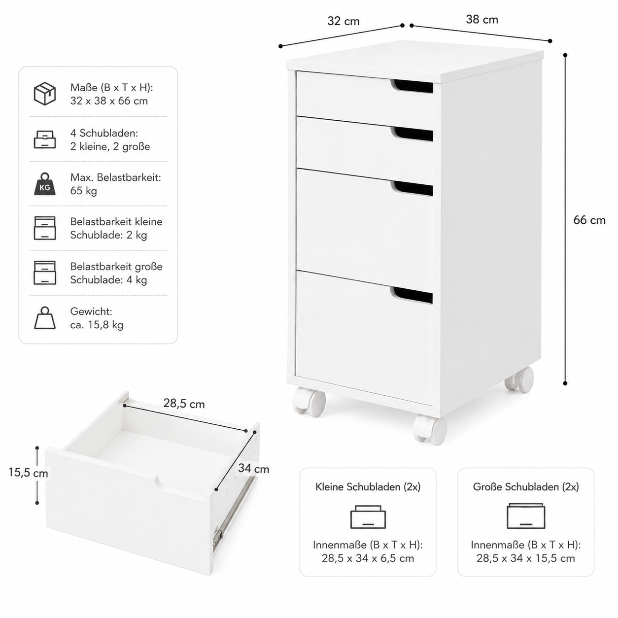 HOME CREATION Rollcontainer Weiß 4 Schubladen Rollcontainer Bürocontainer Schrank 32x38x66 cm