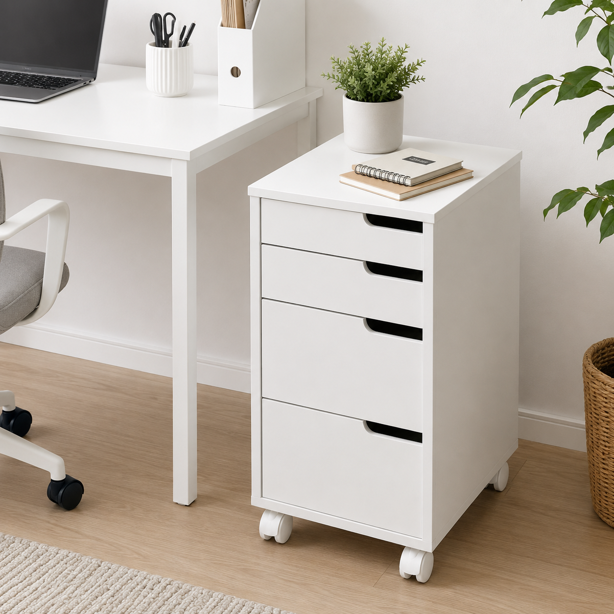 HOME CREATION Rollcontainer Weiß 4 Schubladen Rollcontainer Bürocontainer Schrank 32x38x66 cm