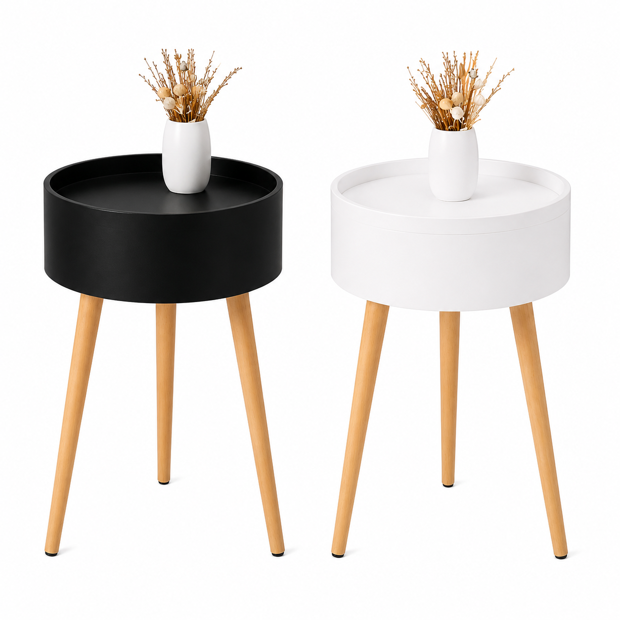 HOME CREATION Beistelltisch mit Stauraum Ø 38 cm Couchtisch Nachttisch Schwarz/Weiß