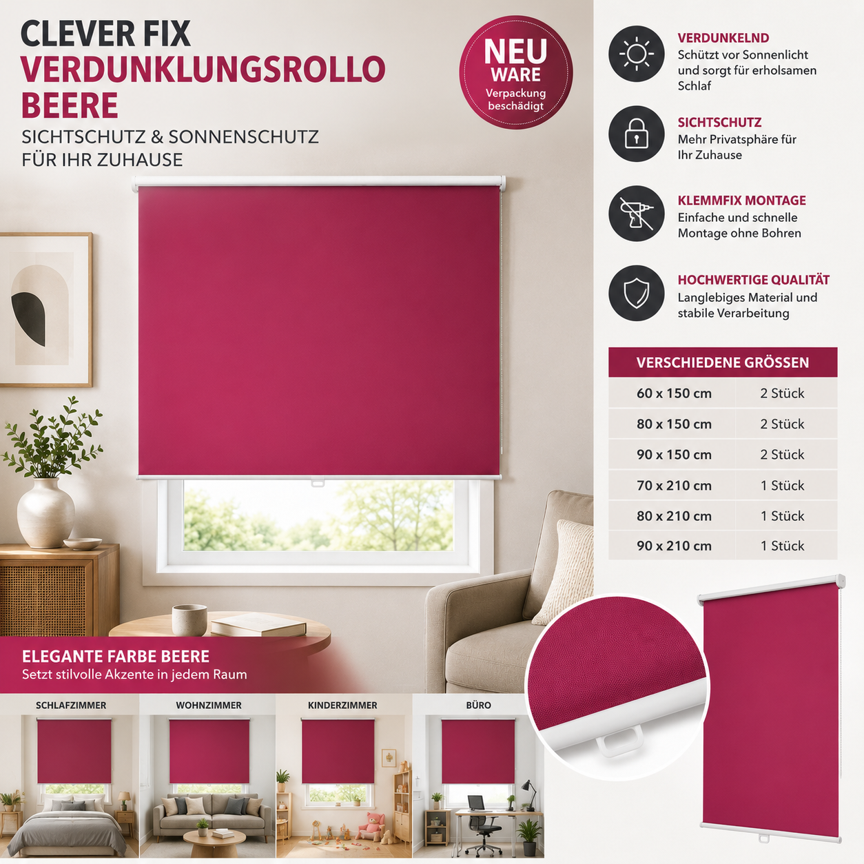 Clever Fix Verdunklungsrollo Beere Klemmfix Rollo Fensterrollo Sichtschutz