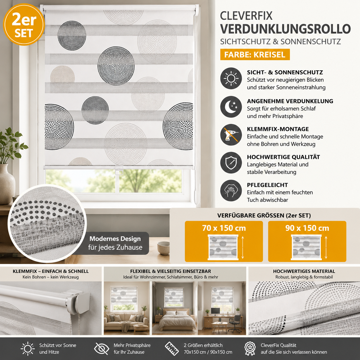 Verdunklungsrollo CleverFix Dav&Night Sichtschutz Rollo Kreisel 2 Stück