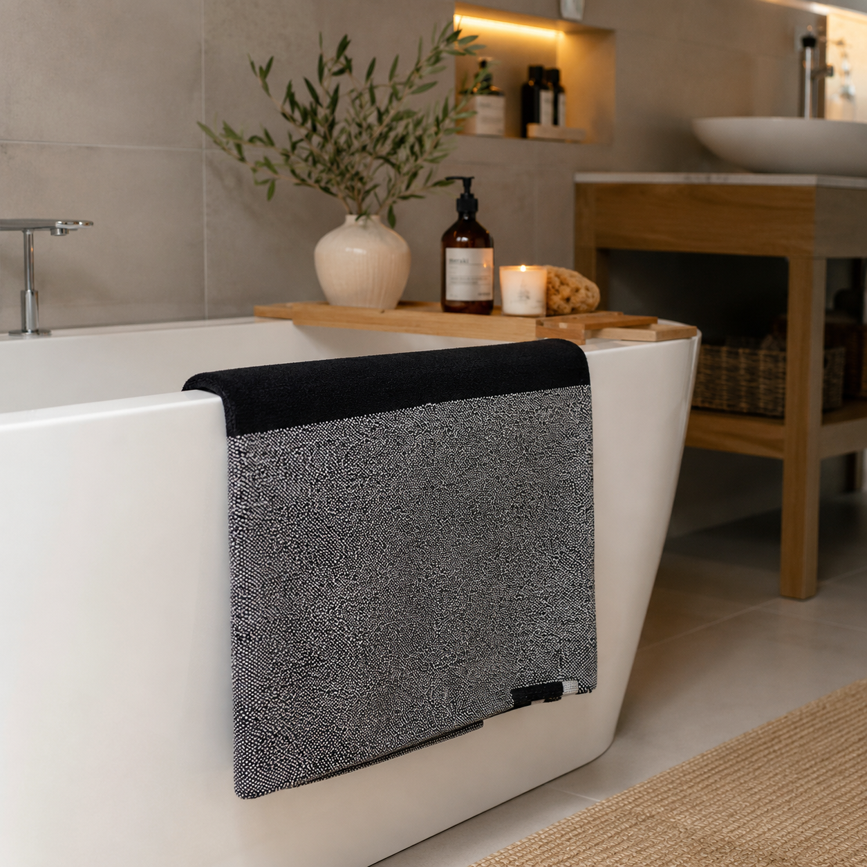 URBANARA Ventosa Badematte 60x150 cm Schwarz Weiß 100% Bio-Baumwolle Badteppich Badezimmermatte