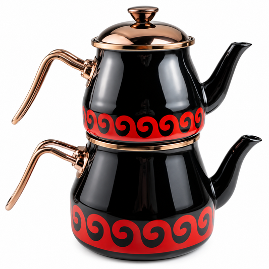 Türkische Teekanne Caydanlik 4-teilig Schwarz Gold 4,5L Induktion Emaille