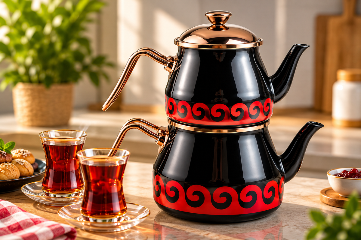 Türkische Teekanne Caydanlik 4-teilig Schwarz Gold 4,5L Induktion Emaille
