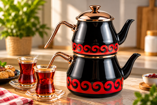 Türkische Teekanne Caydanlik 4-teilig Schwarz Gold 4,5L Induktion Emaille
