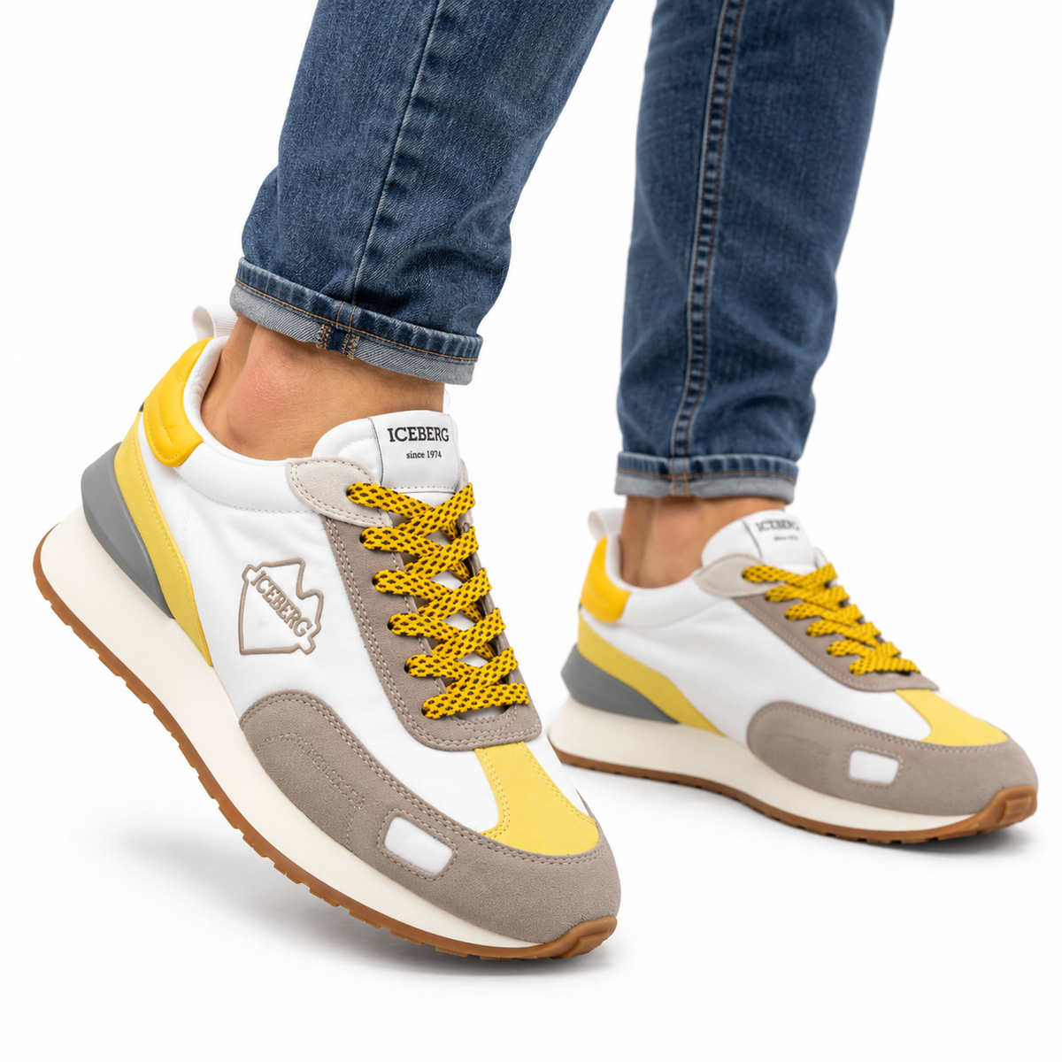 ICEBERG Herren Sneaker Weiß Grau Gelb Designer Schuhe