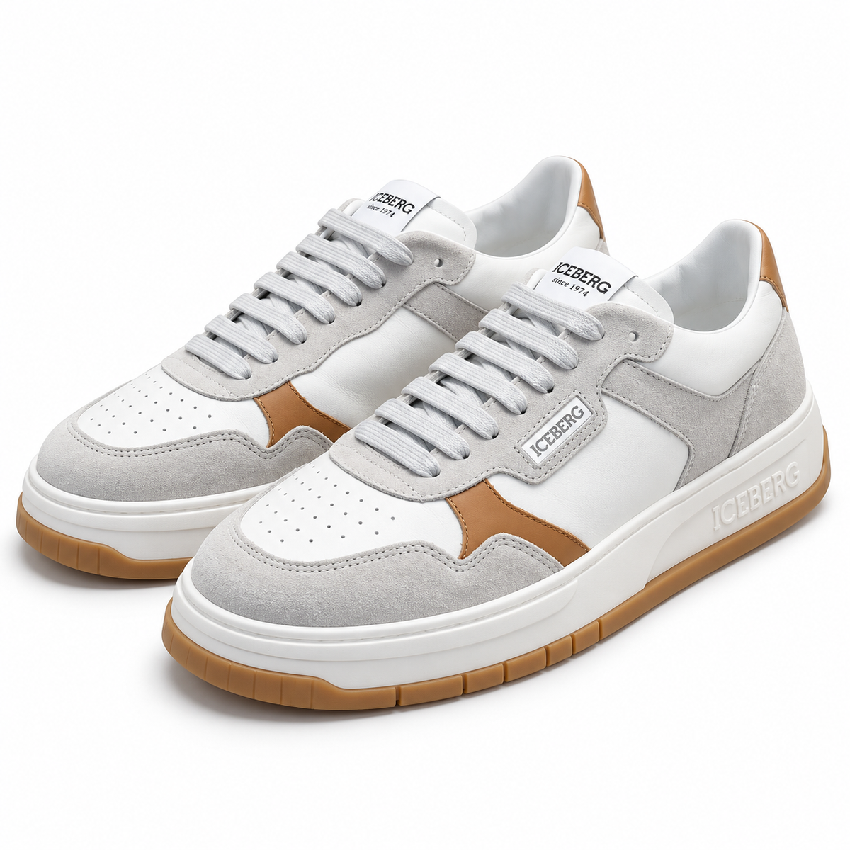 ICEBERG Herren Sneaker Gr. 42 Weiß Grau Braun Designer Schuhe Low Top
