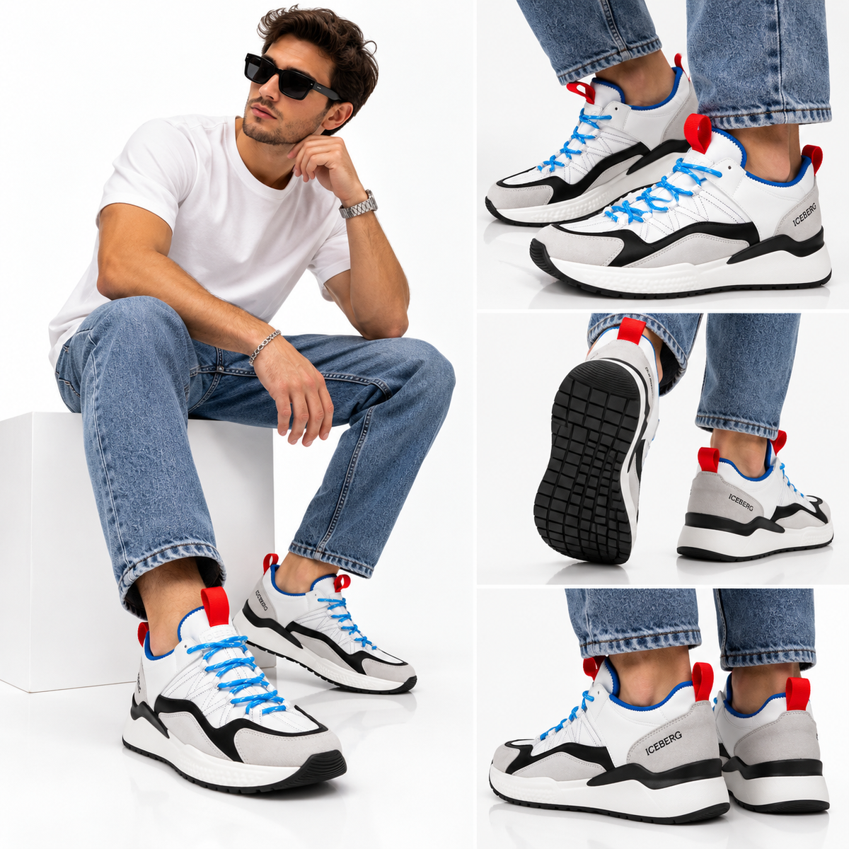 ICEBERG Herren Sneaker Schuhe Weiß Schwarz Blau Chunky Sportschuhe Gr. 42
