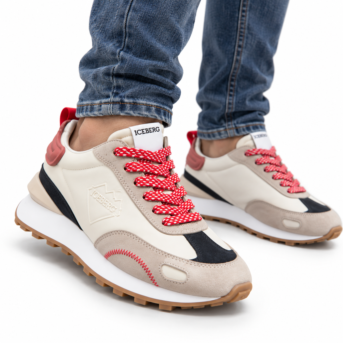 ICEBERG Herren Sneaker Gr. 42 Weiß Beige Schwarz Rot Designer Schuhe Retro