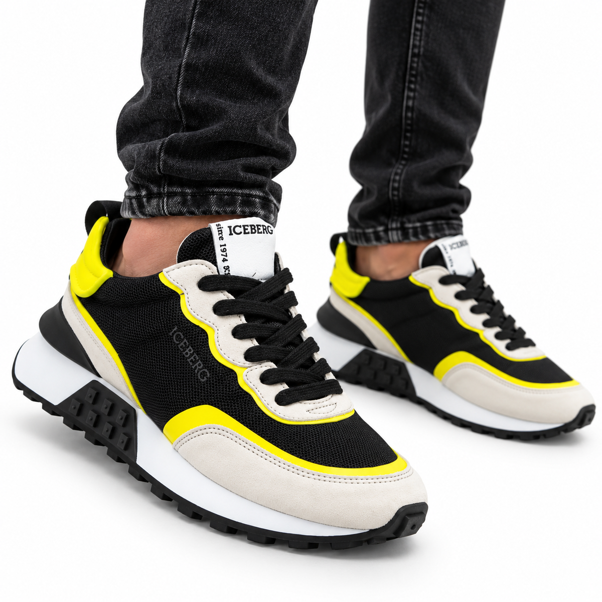 ICEBERG Herren Sneaker Gr. 42 Schwarz Weiß Neongelb Designer Schuhe