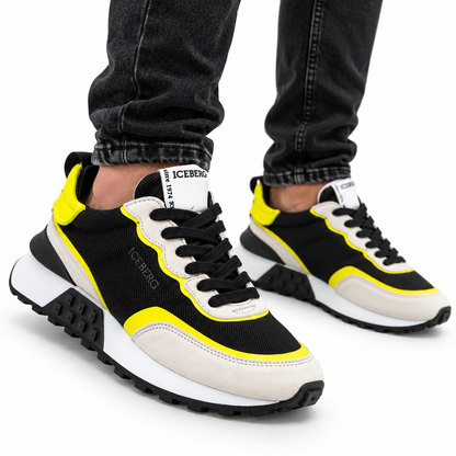 ICEBERG Herren Sneaker Gr. 42 Schwarz Weiß Neongelb Designer Schuhe