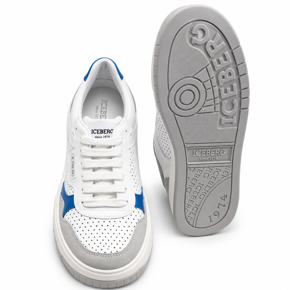 ICEBERG Herren Sneaker Weiß Blau Grau Designer Schuhe Low Top  Gr. 42