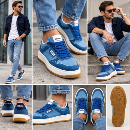 ICEBERG Sneaker Herren Blau Denim Jeans Schuhe Low Top Weiß